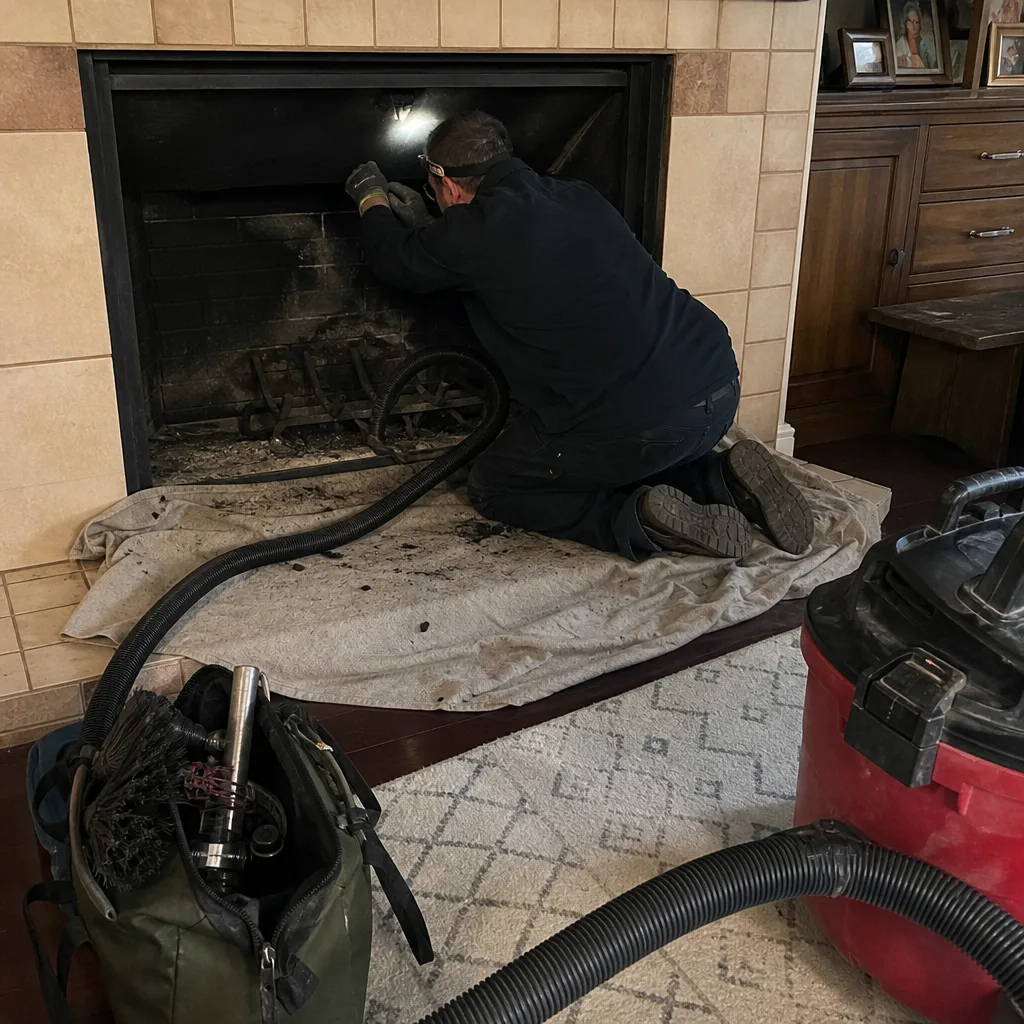 Professional chimney sweep performing a thorough fireplace inspection and cleaning