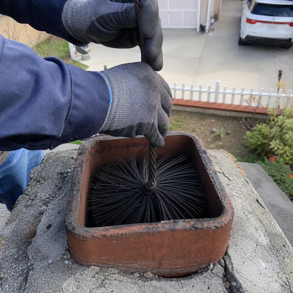 Professional chimney sweep using a wire brush to clean a chimney