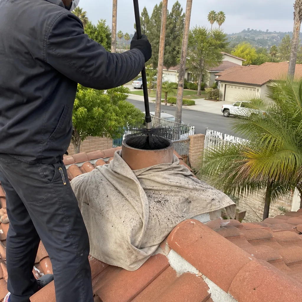 Professional chimney sweep cleaning a residential chimney flue from a roof