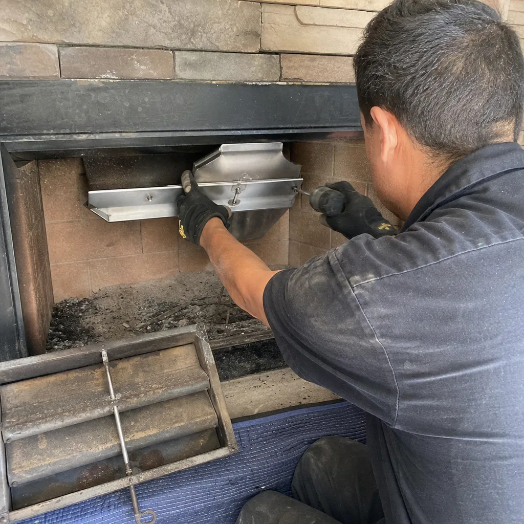 Technician repairing a fireplace damper with a power drill