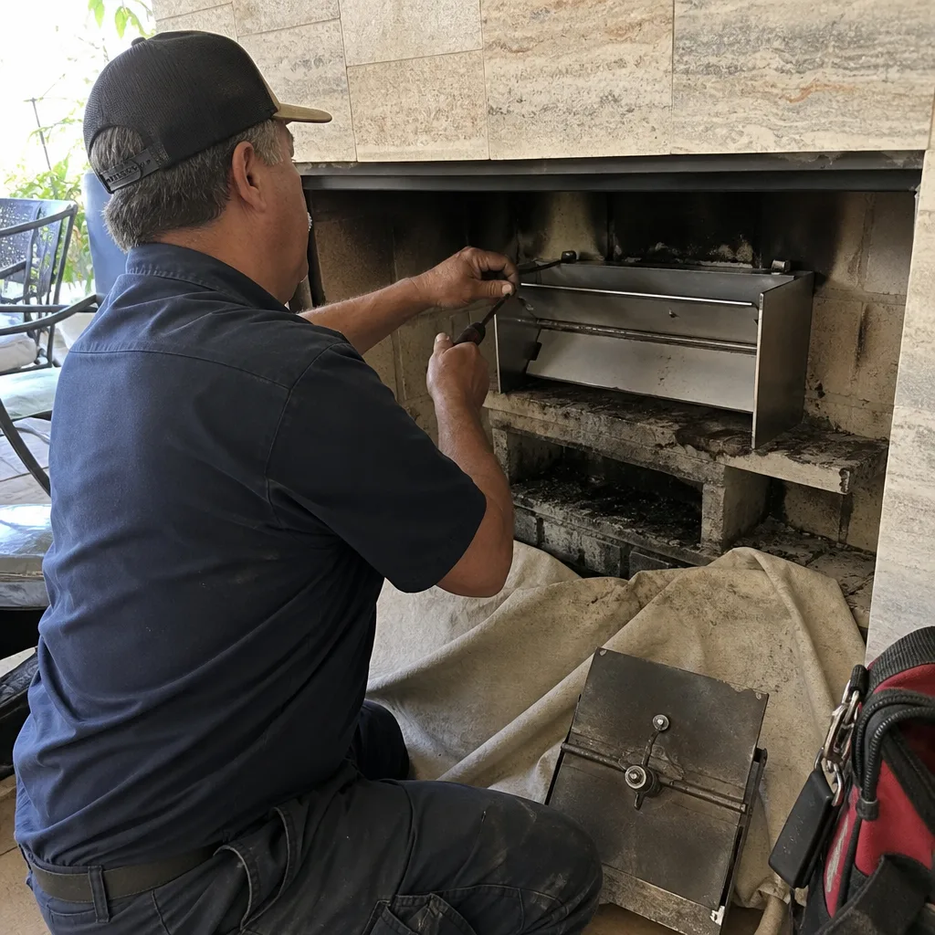 Professional technician repairing a residential fireplace insert